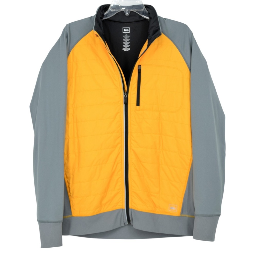 REI Mens L Orange Grey Hybrid Quilted Insulated Full Zip Thumbhole Jacket Hiking